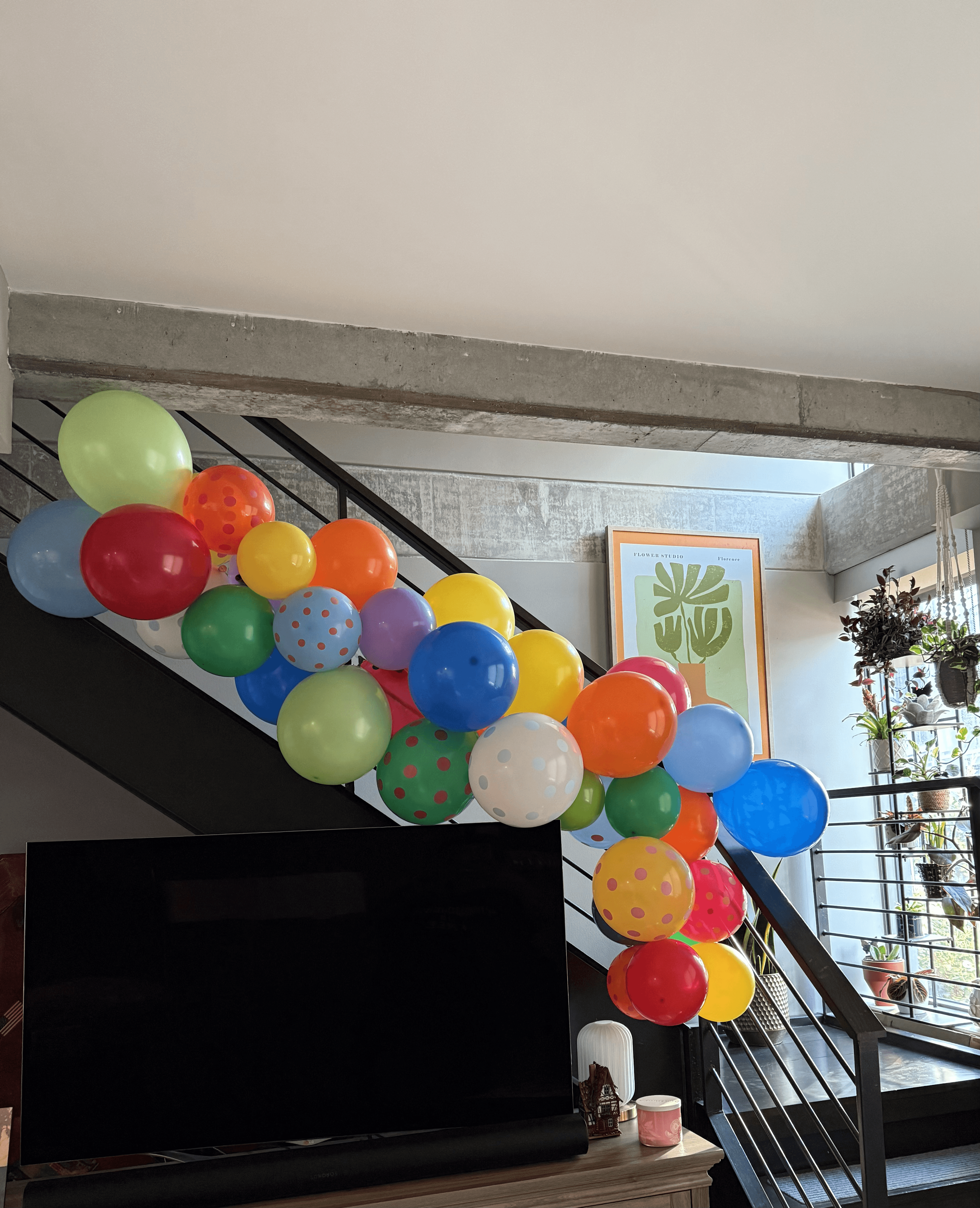 Colorful birthday balloon staircase