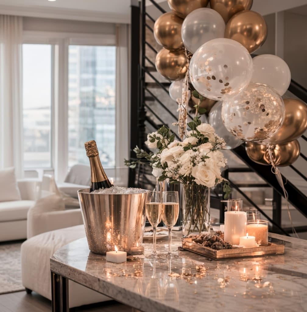 Gold balloons and champagne setup