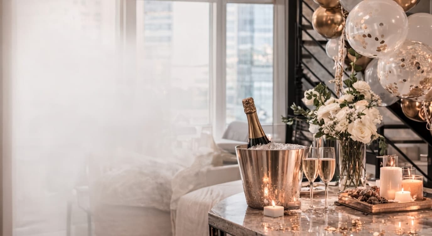 Champagne bucket with candles and gold balloons